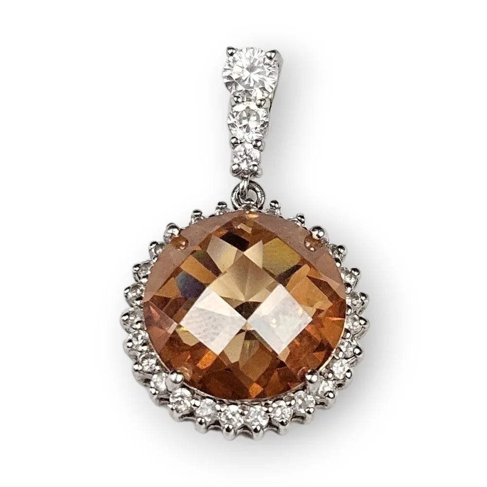 Sterling CZ Halo Pendant Faceted Amber Glass Pave White 925 Silver Drop 1 1/8